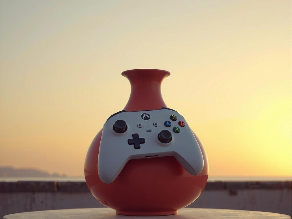 Abstract CG poster of a game controller morphing into an Italian vase
