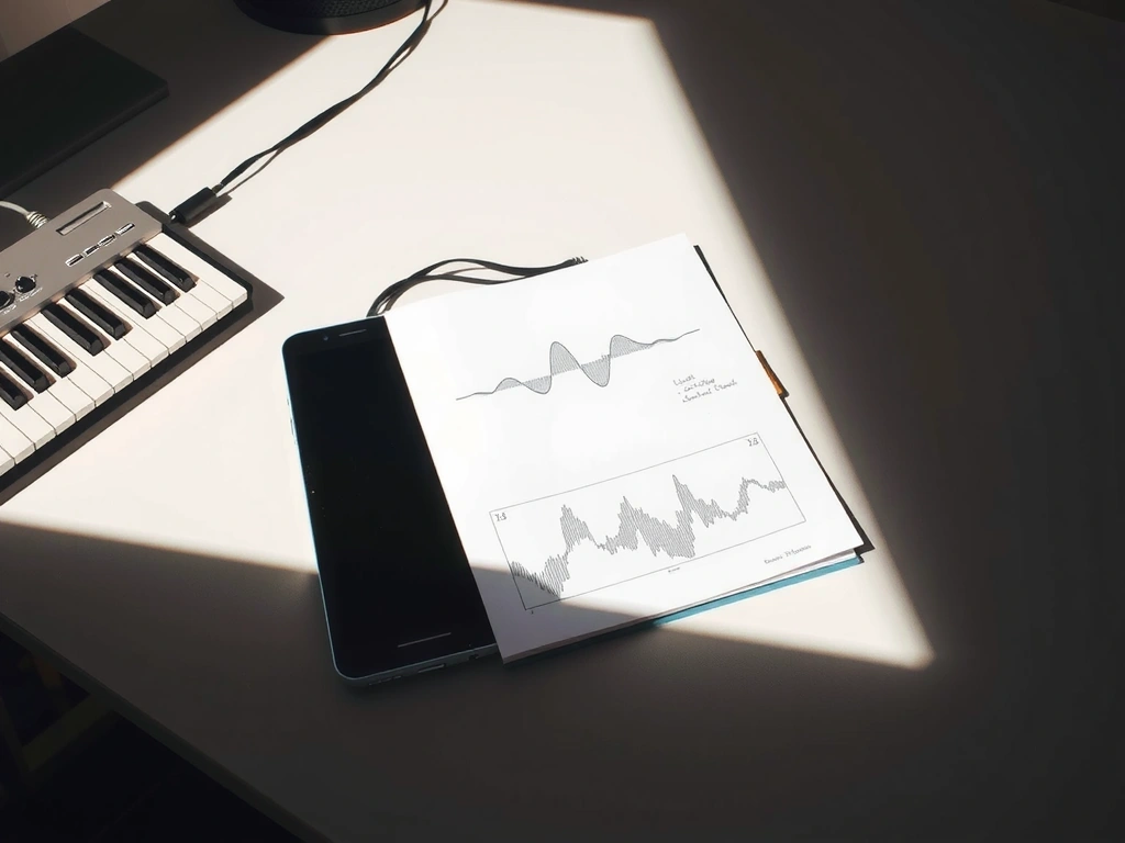 Studio desk with synthesizer and sketches